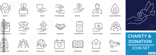 A clean and minimal set of  black line icons representing charity, donations, fundraising, and social help perfect for web, apps, and infographics.