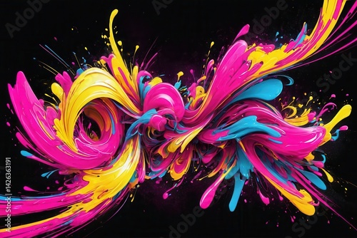 Bright swirling splashes of cyan, magenta, and yellow paint creating an abstract design against a black background