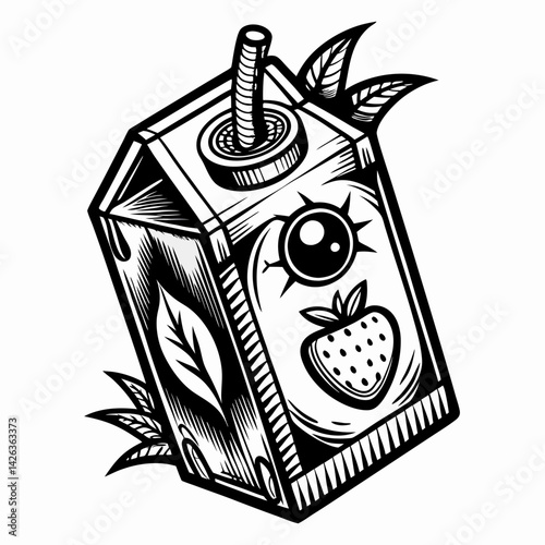 Monochrome Juice Box with Strawberry and Leaf Design Art