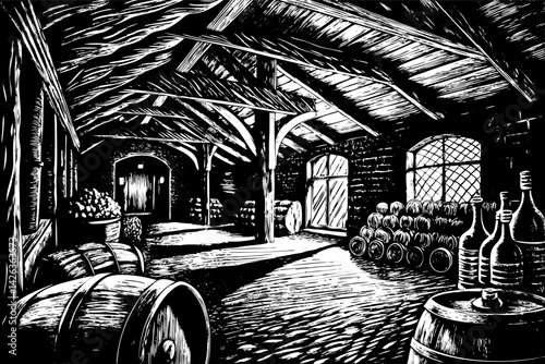 Rustic Wine Cellar with Barrels and Bottles in Vintage Style Woodcut Illustration