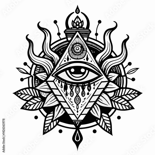 Mystical Eye Mandala with Geometric and Botanical Elements in Black and White