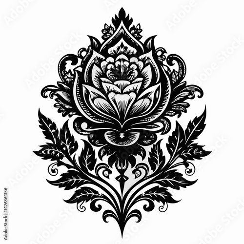 A black and white flower design with a lot of detail