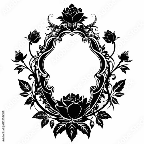 A black and white framed picture of flowers with a rose in the center