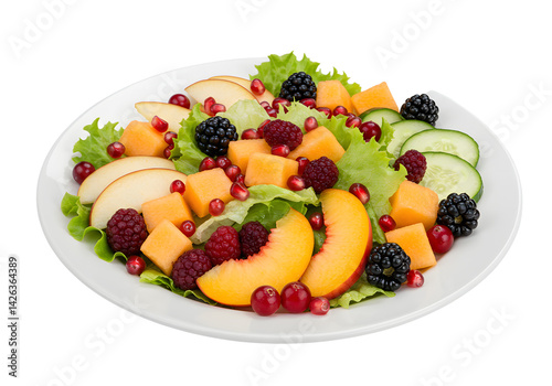 Plate with fresh fruit and vegetable salad isolated on transparent background