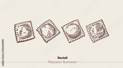 Ravioli Italian Pasta. Vector hand-drawn sketch of food. Vintage style engraving. etching. Line art