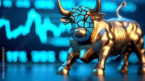 A stylized golden bull sculpture with a cracked blue face, set against a backdrop of dynamic financial graphs and data.