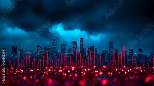 A dramatic city skyline under dark clouds, illuminated by red lights, creating a futuristic and moody atmosphere.