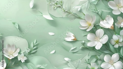 illustration of delicate white flowers and green leaves on a soft pastel green backdrop. The composition exudes a sense of calmness and purity, perfect for various design projects.