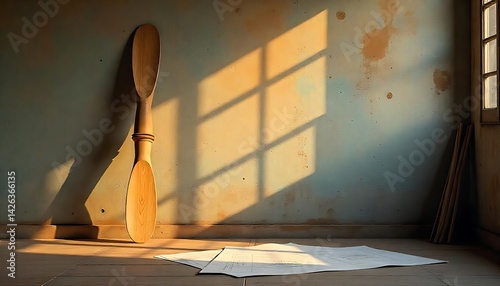 mockup template filled with an old wooden propeller leaning against a weathered workshop wall, surrounded by scattered blueprints, celebrating Wright Brothersâ€™ engineering,created with generative ai