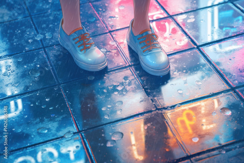 Person stands on tiled floor with feet in the rain, colorful umbrellas provide contrast.