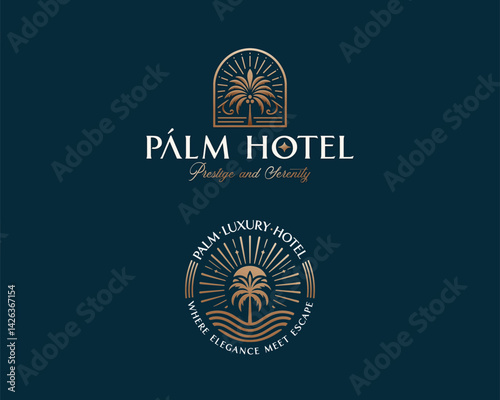 Luxury elegant apartment palm resort hotel logo template