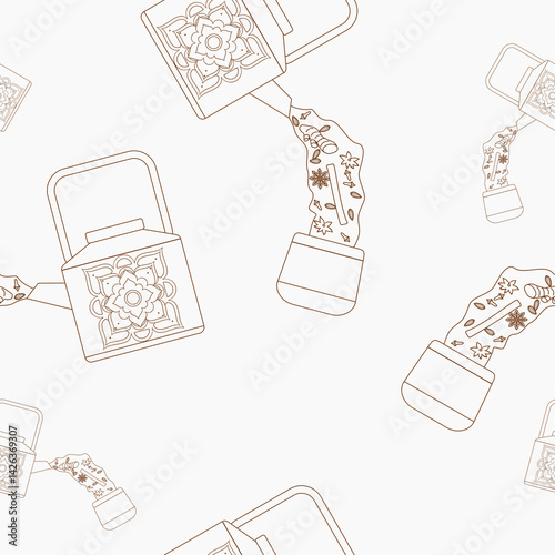 Editable Side View Outline Style Pouring Masala Chai Herbs from Patterned Metal Kettle into Pottery Cup Vector Illustration Seamless Pattern for Background of South Asian Beverages Culture