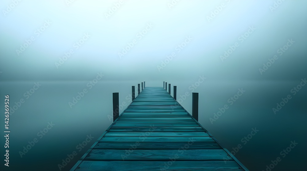 Fototapeta premium A rich deep teal wooden dock extends into a foggy lake, vibrant and luxurious, rendered in a photorealistic style with a focus on deep color saturation and subtle light reflections