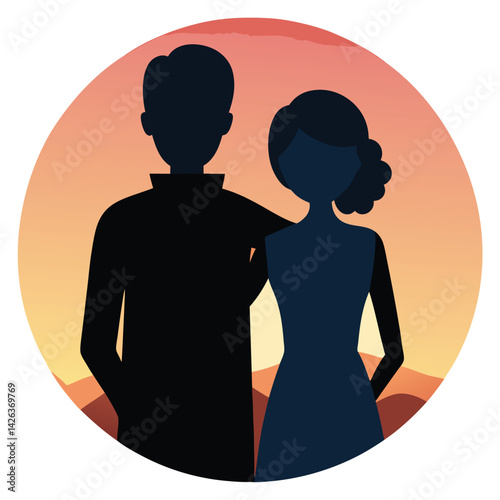 Silhouette Couple Embracing at Sunset Landscape
