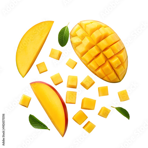 Obraz na płótnie Fresh mango slices and cubes, overhead view.