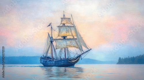 a painting of a pirate ship in the ocean with the sun setting in the background, gothic ship on ocean