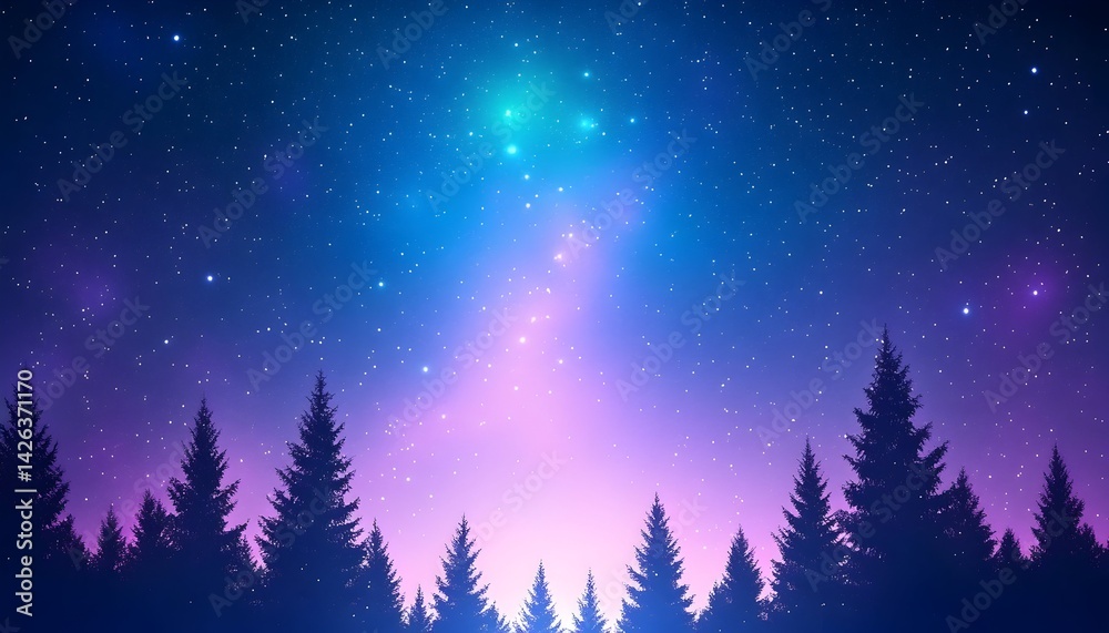 Fototapeta premium Silhouetted pine forest against a vibrant, cosmic night sky filled with stars and nebulae