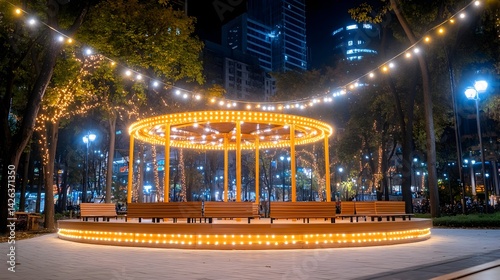 Illuminated gazebo in a city park at night