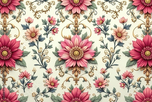 Intricate floral damask seamless backdrop, elegant swirls, textile, damask, surface