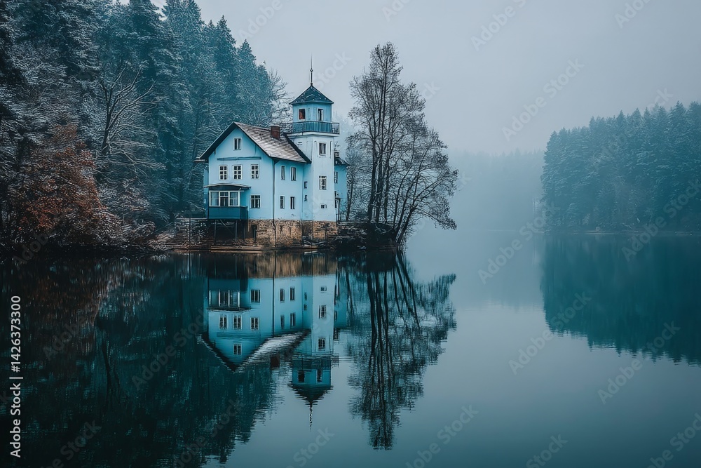 Fototapeta premium Charming blue house by the tranquil lake surrounded by foggy forest in winter