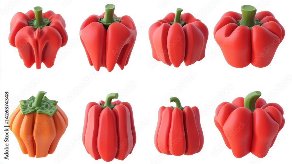 Eight 3D renderings of red and orange bell peppers, various angles and shapes, isolated on white. Eight 3D renderings of red and orange bell peppers, various angles and shapes, isolated on white.