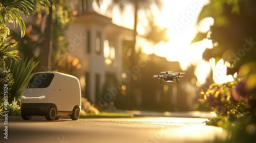Autonomous delivery vehicle and drone technology in a sunny suburban landscape showcasing modern innovation and urban lifestyle
