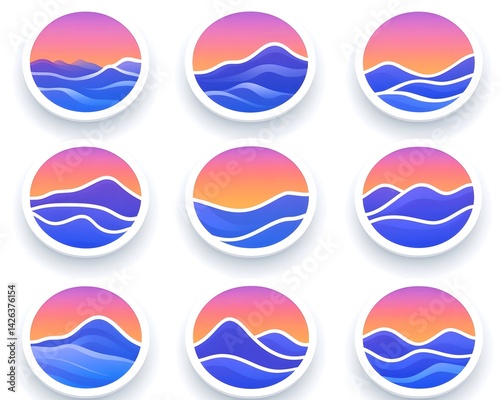 Free Download Nine circular icons depicting stylized ocean waves and sunsets in varying color gradients - GFXLoad