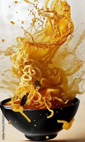 Delicious ramen noodles splashing out of a bowl.
