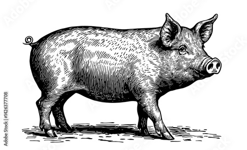 Pig, hog, boar. Vintage retro print, pig sketch vintage style drawing, linear drawing, engrave old school. Sketch artwork silhouette pig, hog, boar. Side view profile. Illustration