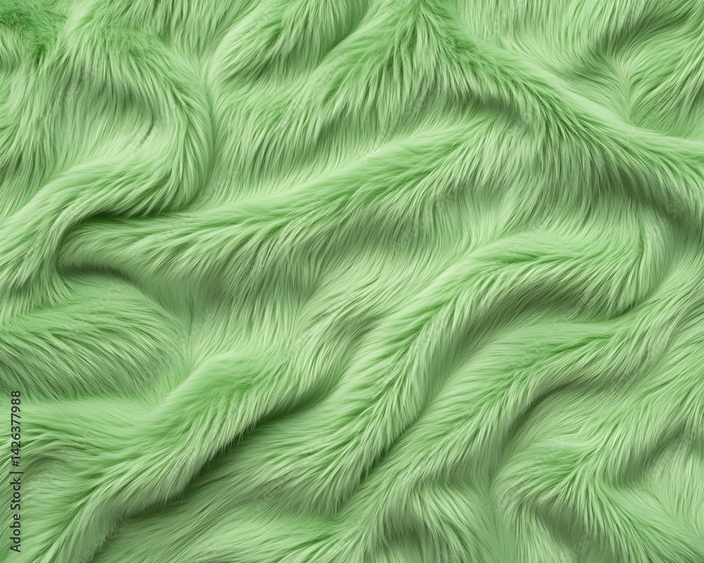 Soft, pale green faux fur fabric texture with gentle waves and folds Soft, pale green faux fur fabric texture with gentle waves and folds