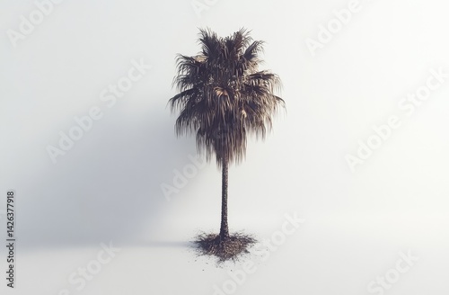 Solitary palm tree against a minimalist backdrop.  Its fronds droop slightly, suggesting dryness