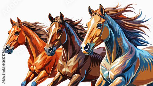 Horses Different thoroughbred stallion breeds during gallop on white isolated background, animal banner