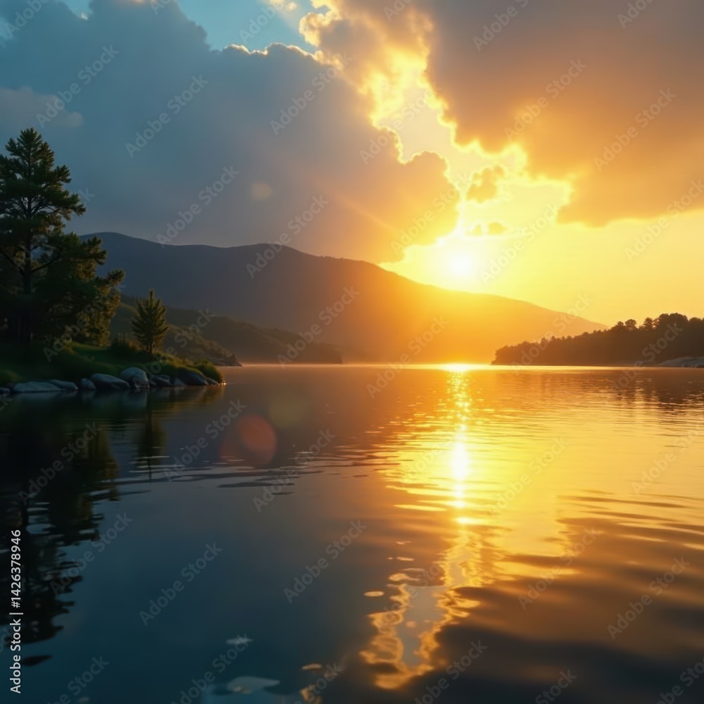 Obraz premium Golden sun flares across rippling lake, creating vibrant, sparkling patterns , vibrant, outdoors