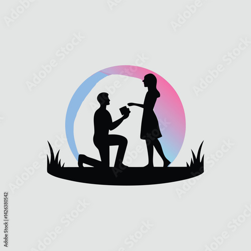 Silhouette of a Man Proposing to a Woman Under a Colorful Arc