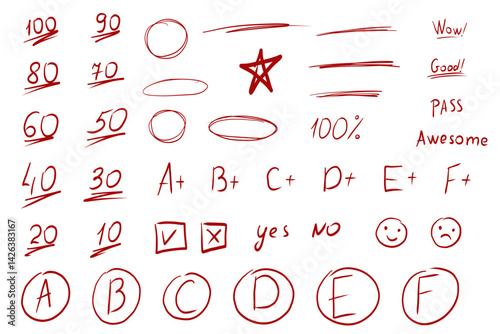 Mark point score exam highlight check, arrows and circles hand drawn. Teacher red marker grade crayon, chalk texture. Homework score.