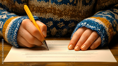 Woman's hands writing on paper at wooden desk in cozy sweater. Perfect for holiday cards or winter blogs