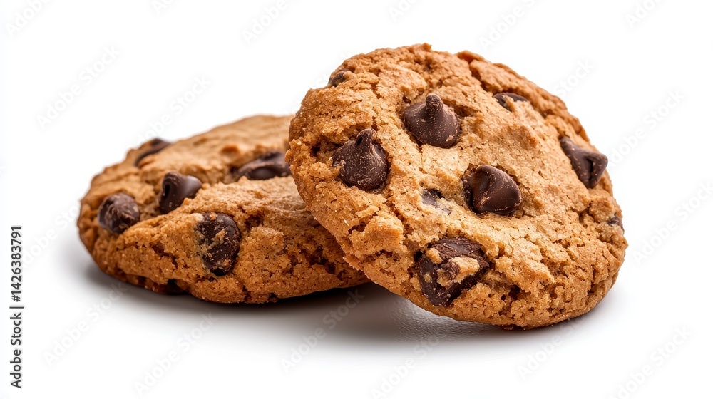 Two Brown Chocolate Chip Cookies on White Background Two Brown Chocolate Chip Cookies on White Background