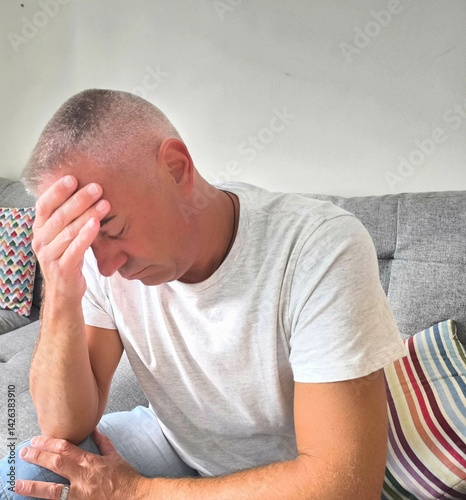 Foto Man sitting on sofa praying