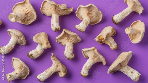 Flat lay of fresh, pale beige mushrooms arranged on a vibrant purple background. photo