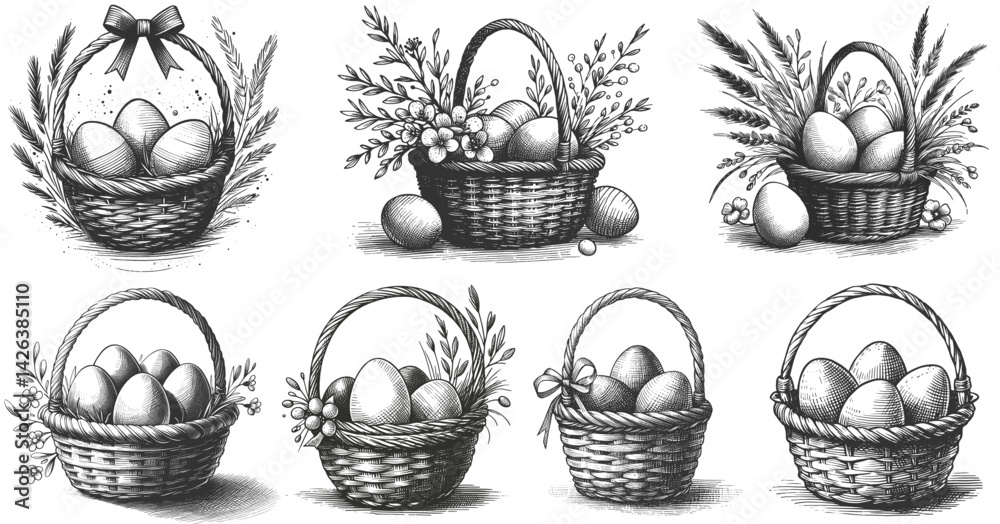 Eggs in the basket with flowers and wheat ink style linework drawing pen sketch hand drawn vector illustration background