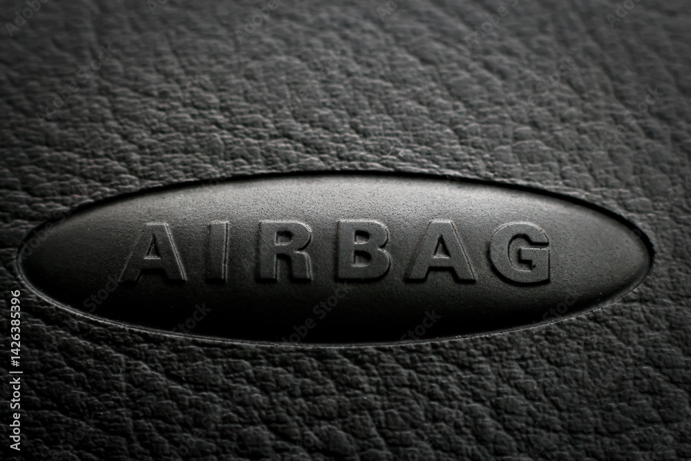 Close-up of airbag inscription on a car dashboard. vehicle safety, automotive design, and passenger protection concept with copy space
