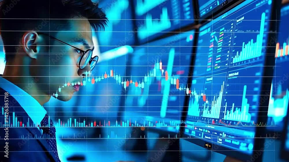 Focused professional analyzing financial data on multiple screens in a modern office environment Focused professional analyzing financial data on multiple screens in a modern office environment