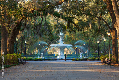 The fountain at Forsyth Park in Savannah Georgia on an early spring morning