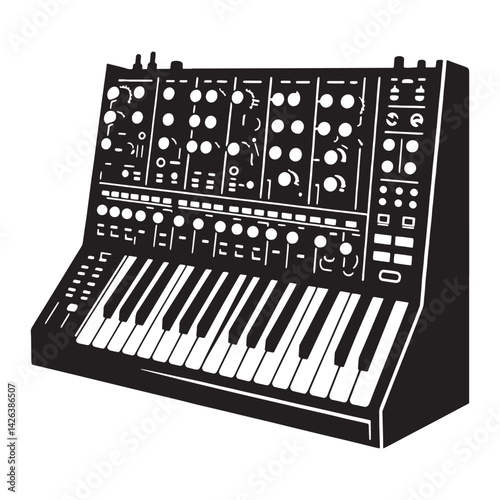 Synthesizer silhouette, controlling frequencies with precision – Synthesizer illustration – Minimalist Synthesizer vector – Musical instrument silhouette

