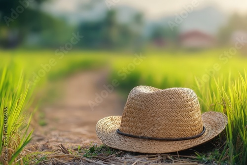 Rustic straw hat rests on a pathway in a rice paddy. photo