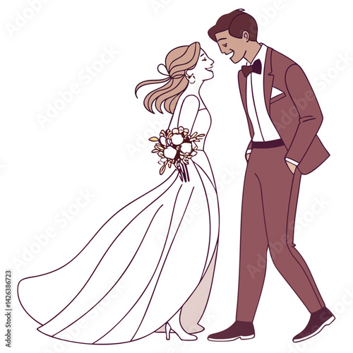 Happy Bride and Groom Walking Together After Wedding Ceremony