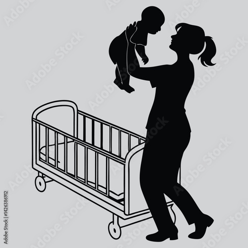 Mom holding baby in hospital bed image silhouette design vector art and illustration	