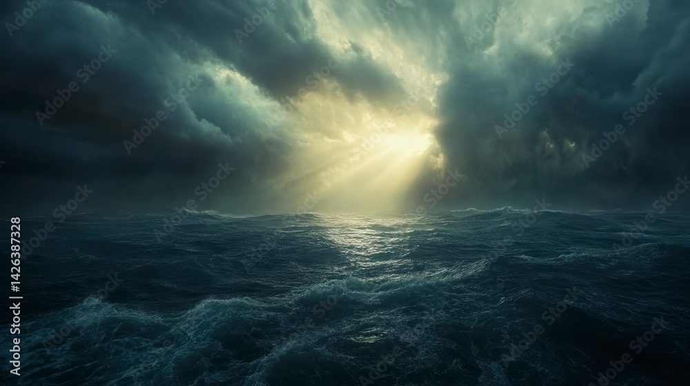 Fototapeta premium Dramatic ocean scene with stormy clouds and sun rays breaking through.