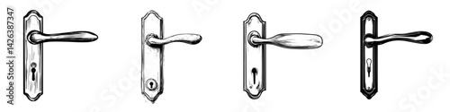 Collection of vintage door handles showcasing different designs and locking mechanisms in a minimalist style