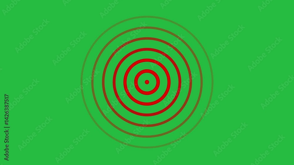 Red radio wave looping on green screen background. Red radial circle on chroma key green screen alpha channel background